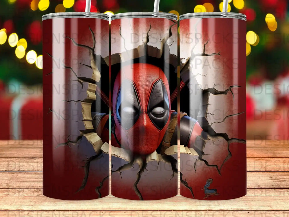 Deadpool mask bursting through cracked red and black background.