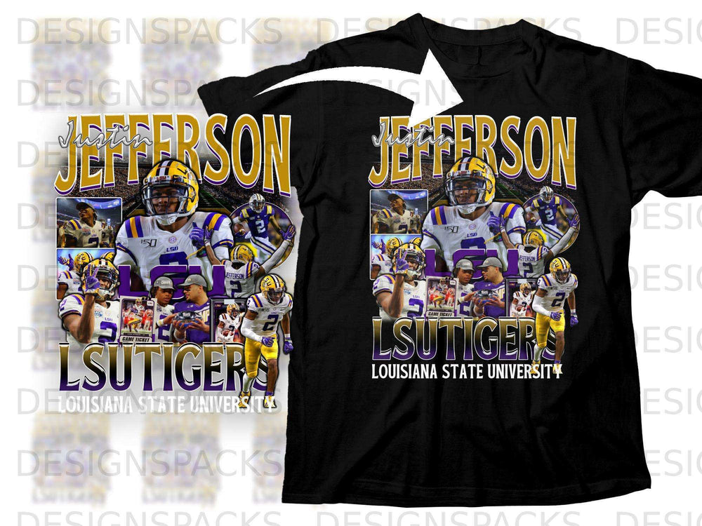 Black t-shirt with "Jefferson" graphic and LSU Tigers football imagery.