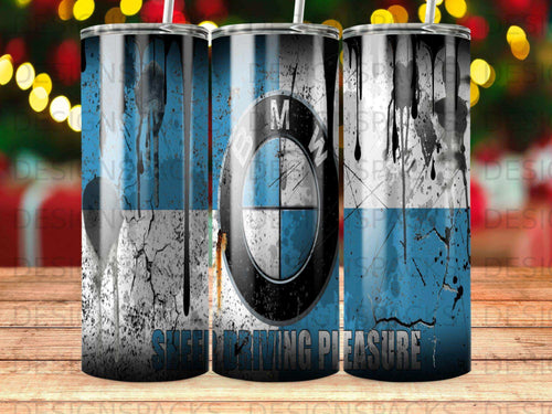 BMW logo on a distressed blue and white tumbler with black drips.