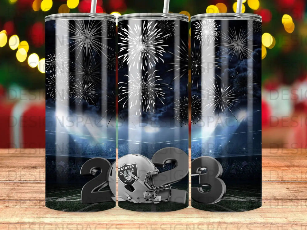Las Vegas Raiders 2023 logo against fireworks and stadium lights.