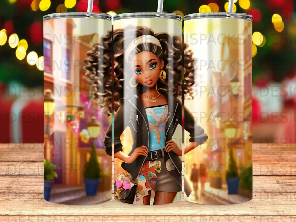 Woman with curly brown hair and stylish outfit, standing in front of blurred city lights.