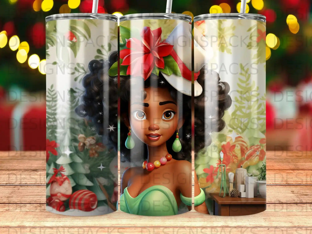 Cartoon girl with red flower in hair, wearing green dress, surrounded by Christmas decorations.