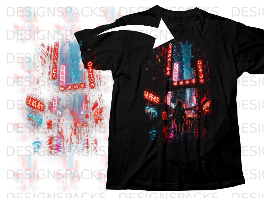 Black t-shirt with a neon-lit cyberpunk city scene and figures.