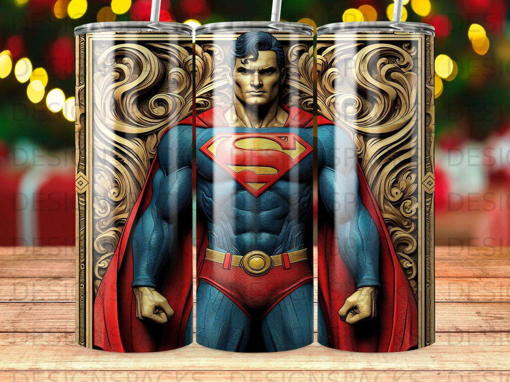 Superman standing proudly in front of ornate gold and black patterned background.