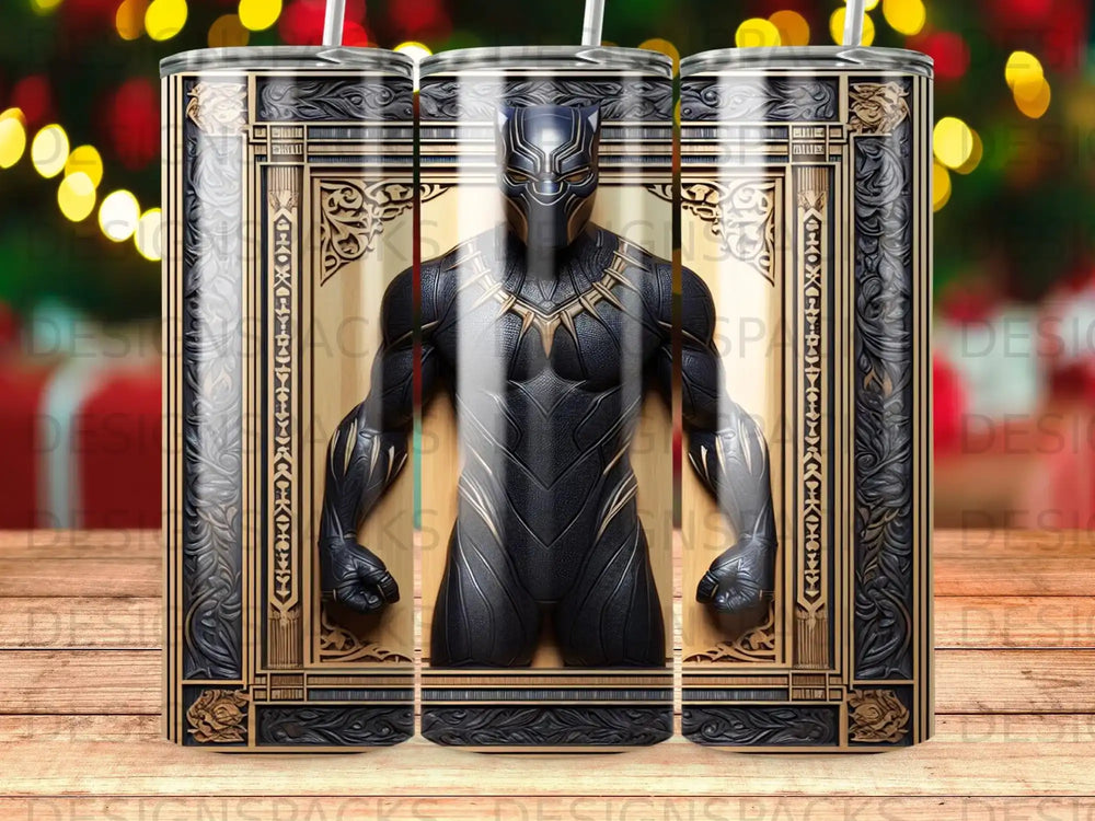 Black Panther in ornate frame with wood grain and gold trim.
