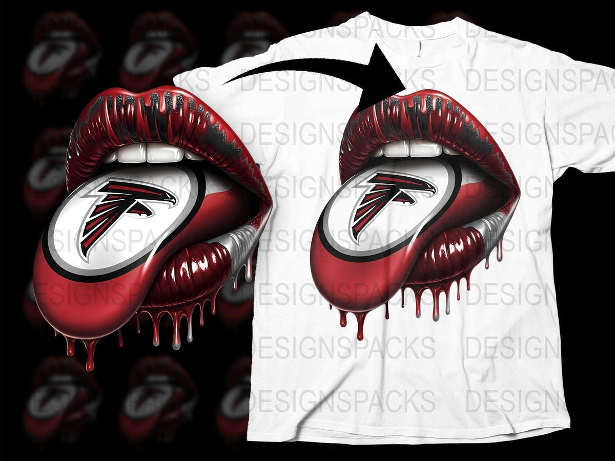 Atlanta Falcons Dripping Lips T-Shirt, Unique Graphic NFL Team Fan Apparel, Bold Red and White Design Shirt for Supporters