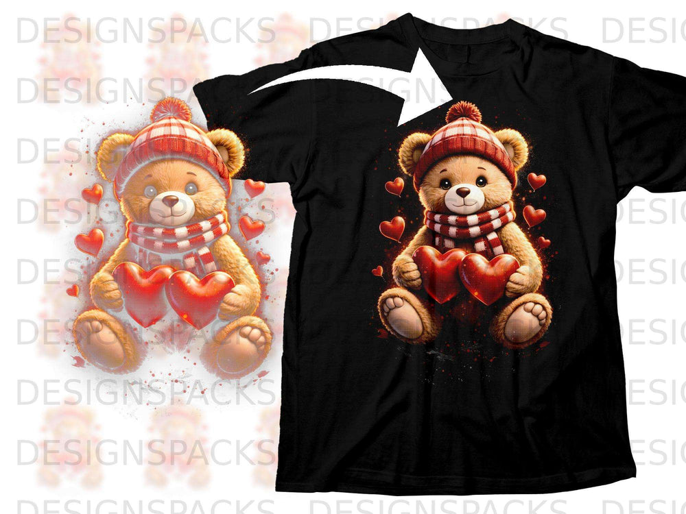 Black t-shirt with a teddy bear wearing a striped hat and scarf holding hearts.