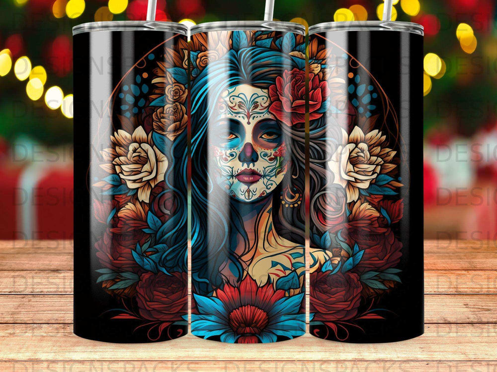 Tumbler with a woman's face painted in floral Day of the Dead style.