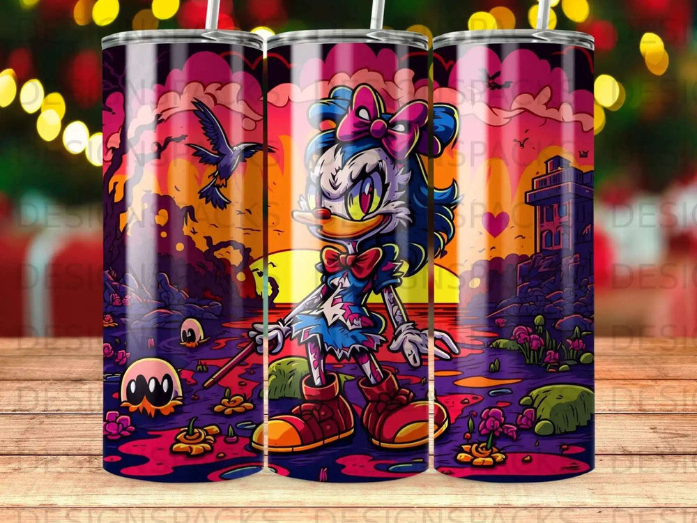Daisy Duck in a whimsical, spooky forest scene with sunset backdrop.