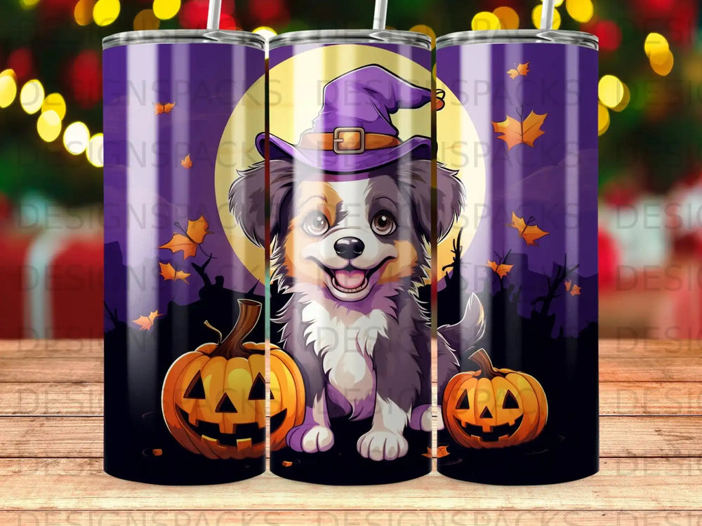 Cute dog with pumpkins and Halloween decorations on a tumbler.