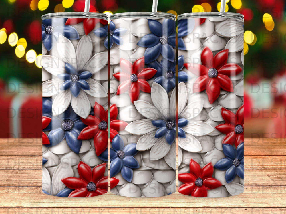 Tumbling tumbler with red, white, and blue floral pattern on textured background.