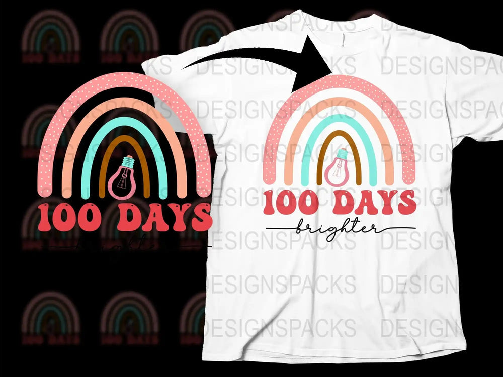 Colorful Rainbow 100 Days Brighter T-Shirt, Teacher Celebration Tee, Student Achievement, Vibrant Graphic Design Shirt
