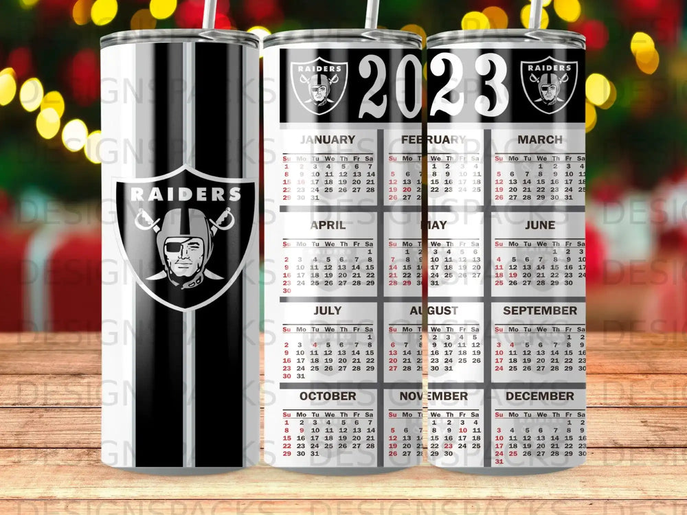 Raiders 2023 calendar tumbler with Oakland Raiders logo and monthly grids.