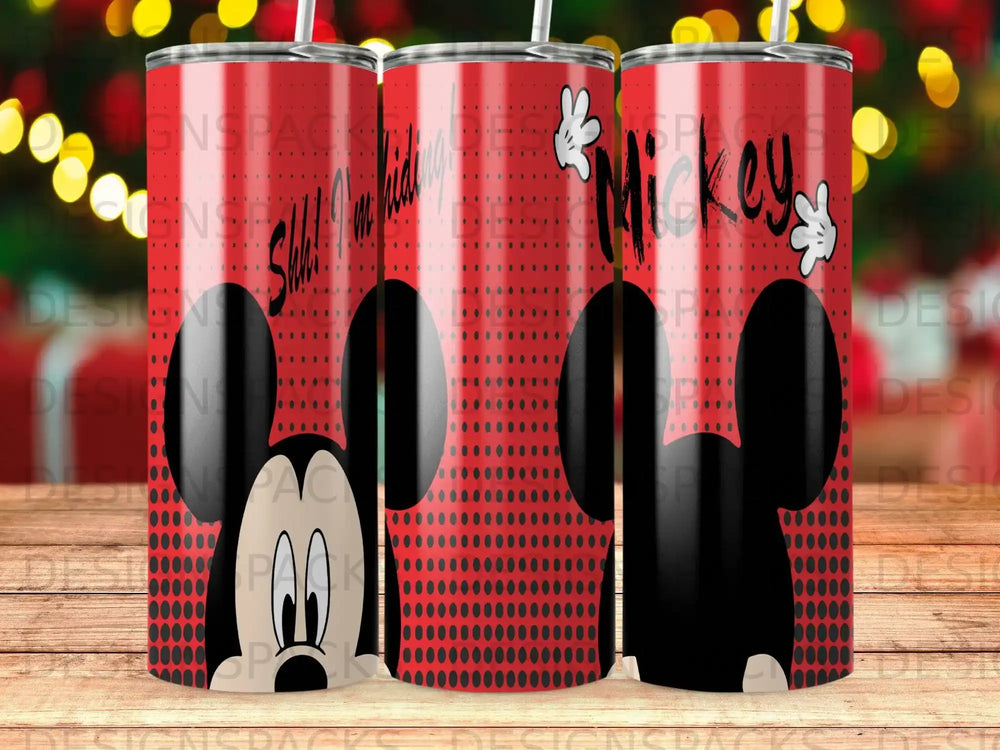 Red tumbler with Mickey Mouse ears and face, text "Silly!" and "Mickey".