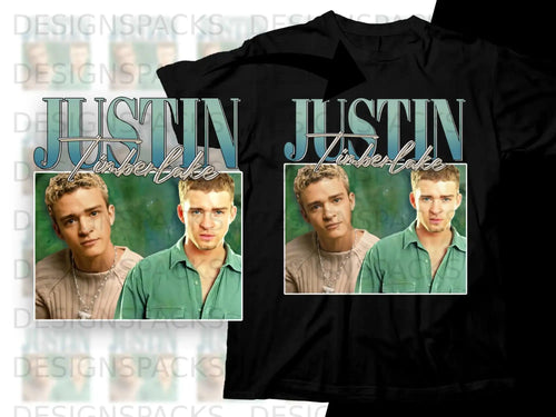 Justin Timberlake t-shirt featuring a vintage-style graphic with two portraits.