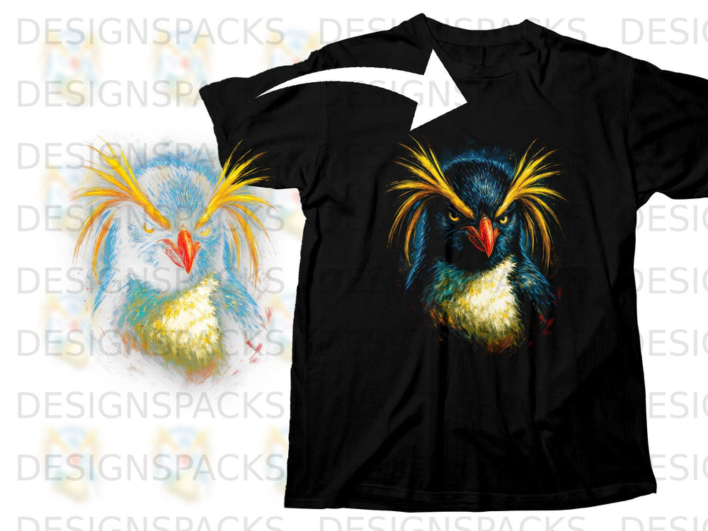Black t-shirt with a close-up illustration of a colorful rockhopper penguin's head.
