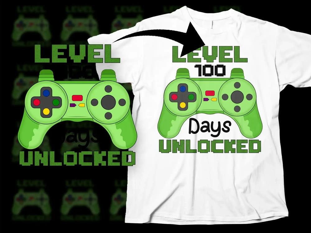 Level 100 Days Unlocked Gamer T-Shirt, Video Game Controller Graphic Tee, Green and White Gaming Shirt