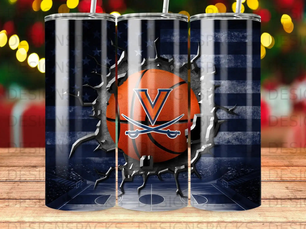 Basketball with Virginia Cavaliers logo on American flag and basketball court background.