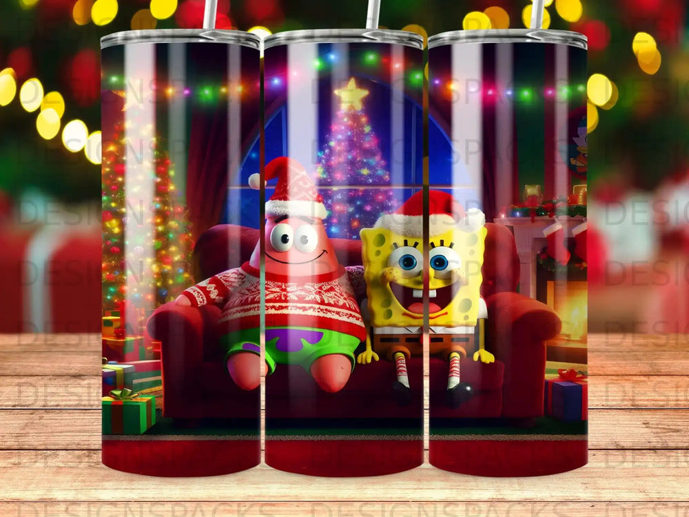 SpongeBob and Patrick in Christmas sweaters on a couch with a decorated tree.