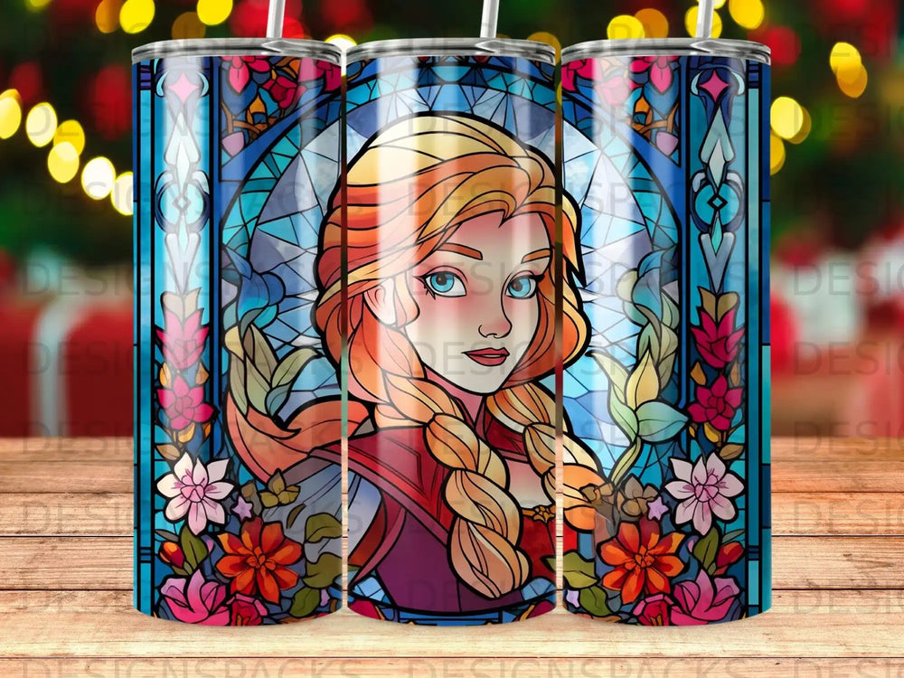 Stained glass artwork of Elsa from Frozen with flowers.