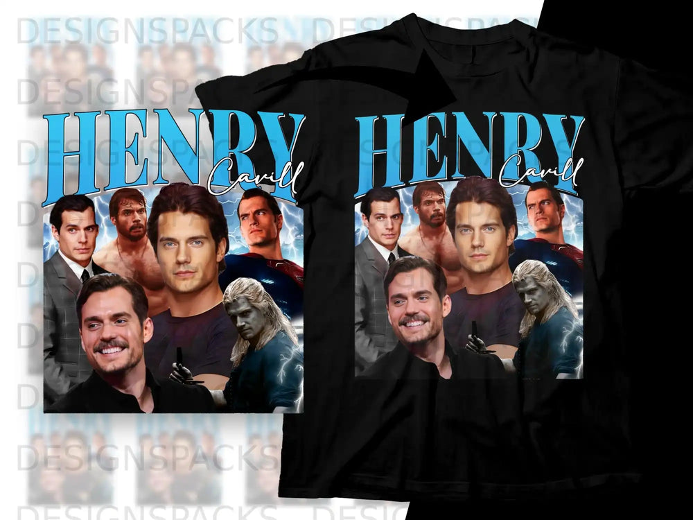 Henry Cavill collage featuring Superman and The Witcher on a black t-shirt.