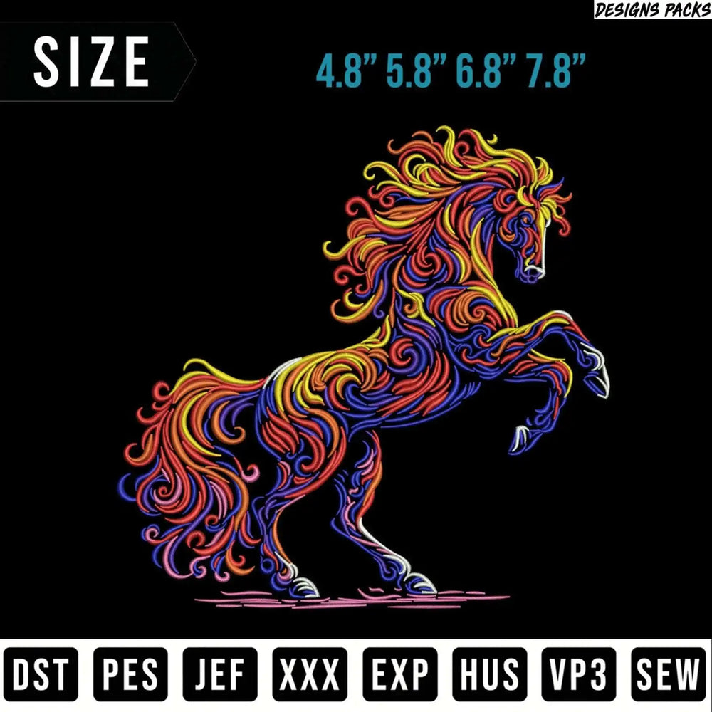 Colorful embroidered horse design with size and file format options.
