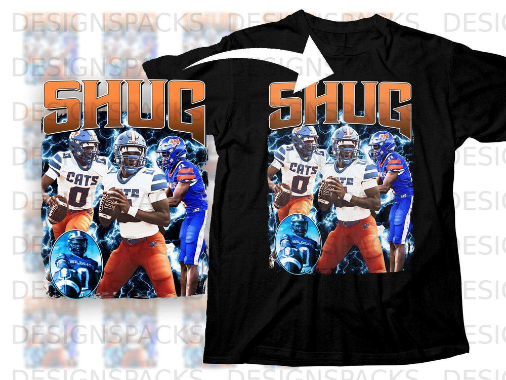 T-shirt design featuring two football players in Wildcats uniforms, with "SHUG CATS" text.
