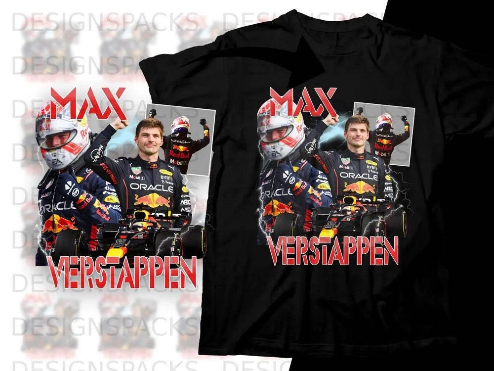 Black t-shirt with Max Verstappen and Red Bull racing car graphic.