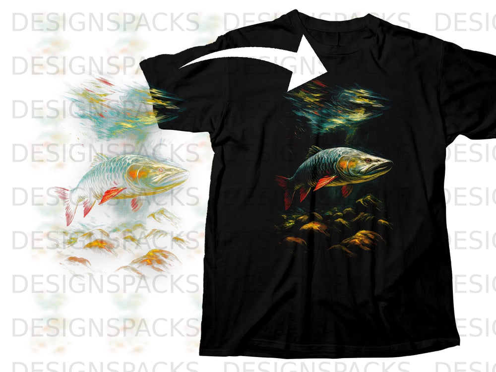 Black t-shirt with a graphic of two fish swimming near rocks and colorful abstract splash effects.