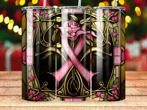 Pink ribbon on stained glass with floral accents.