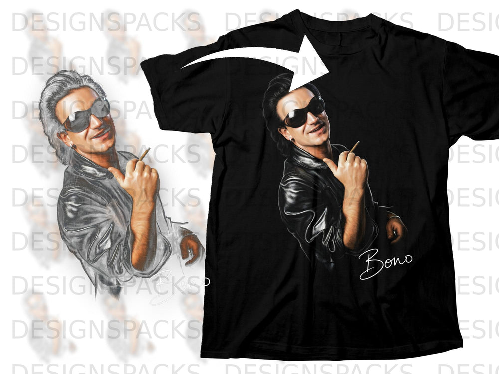 Black t-shirt with a portrait of Bono wearing sunglasses and holding a cigarette.