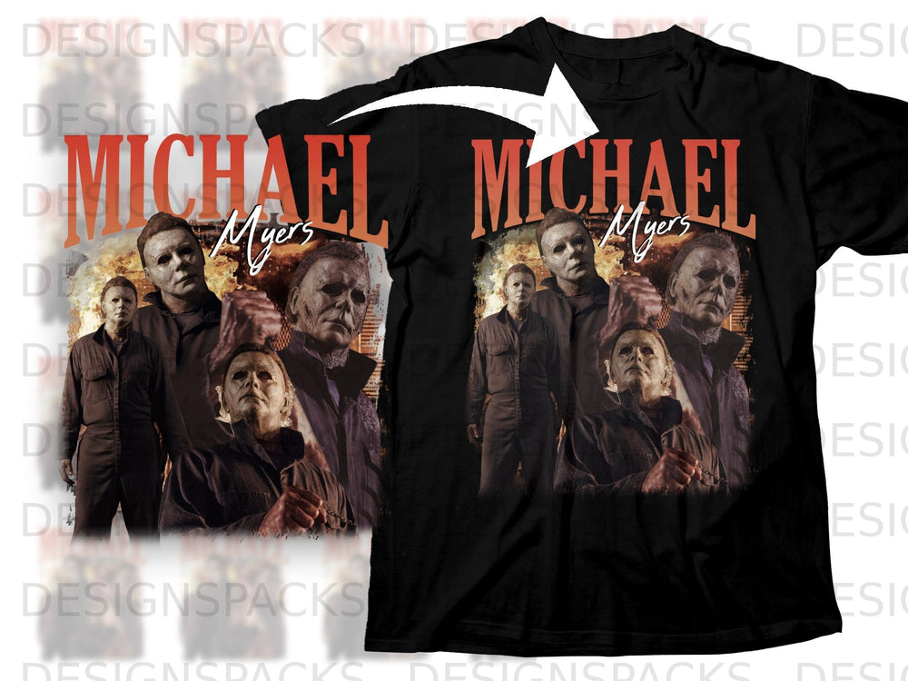 Black t-shirt featuring a collage of Michael Myers images and text.