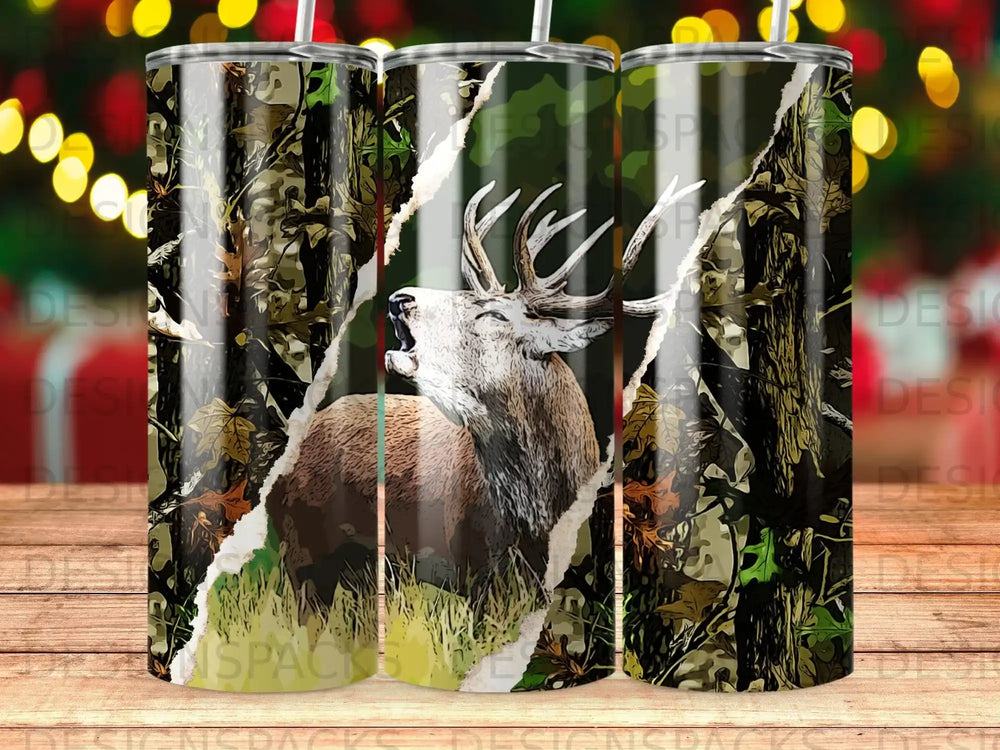 Torn camouflage reveals a roaring deer head in a forest setting.