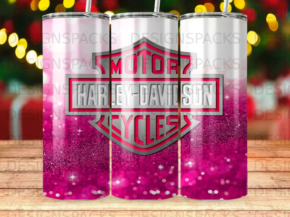 Harley-Davidson Cycles logo on a pink glitter tumbler.