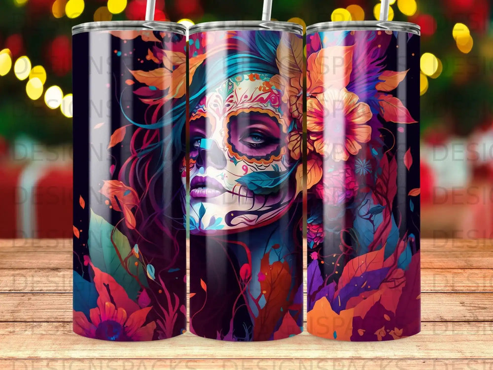 Sugar skull woman with floral accents, on a tumbler.