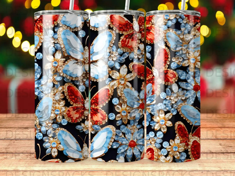 Butterflies and jeweled flowers pattern on a black background for a tumbler.