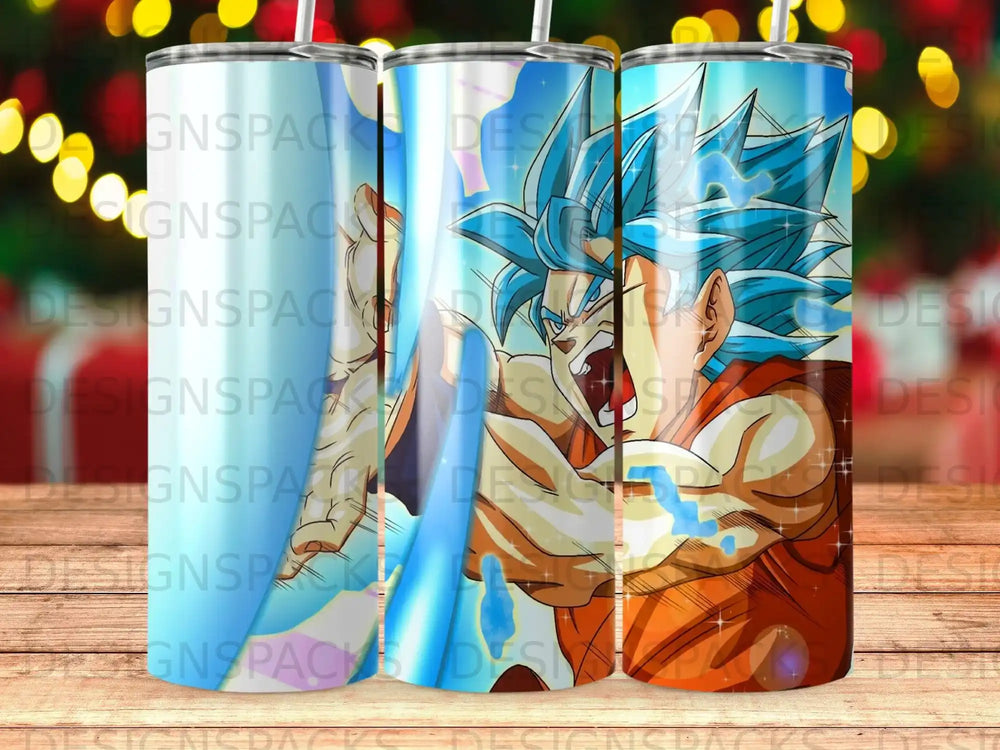 Goku in Super Saiyan Blue form, from Dragon Ball Z, on a blue and orange background.
