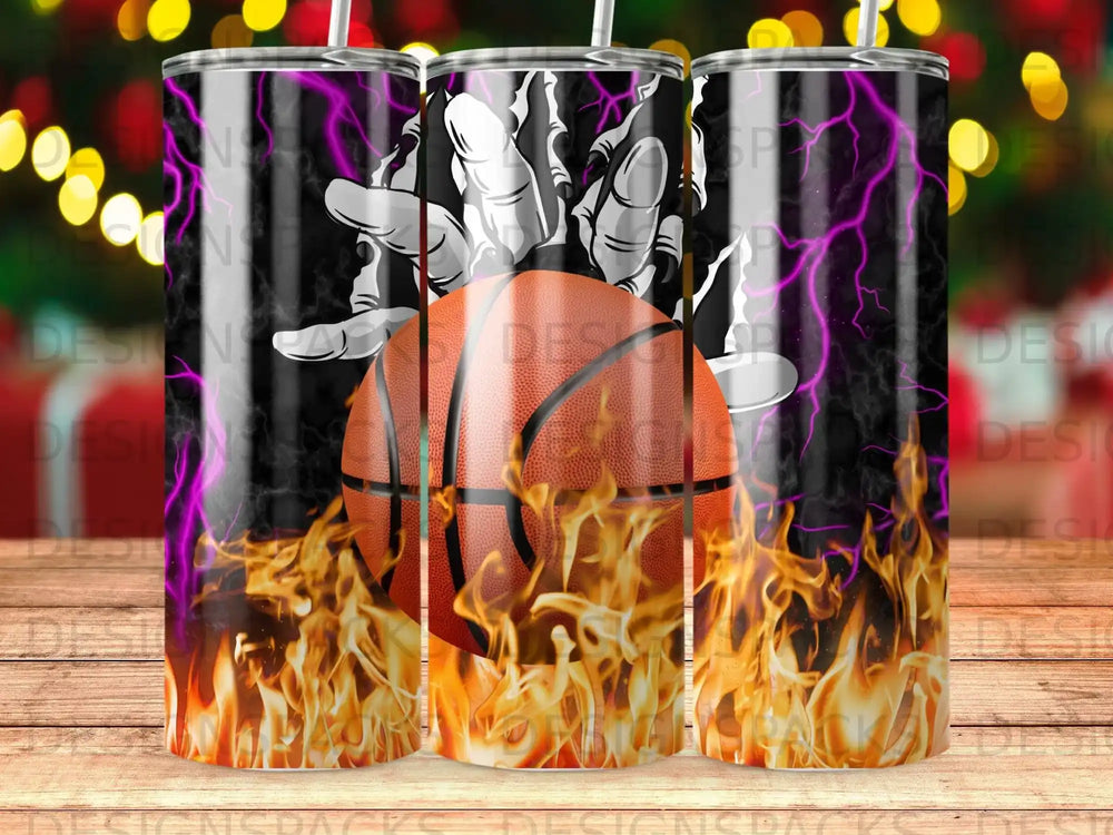 Basketball in flames with lightning and skeletal hands.