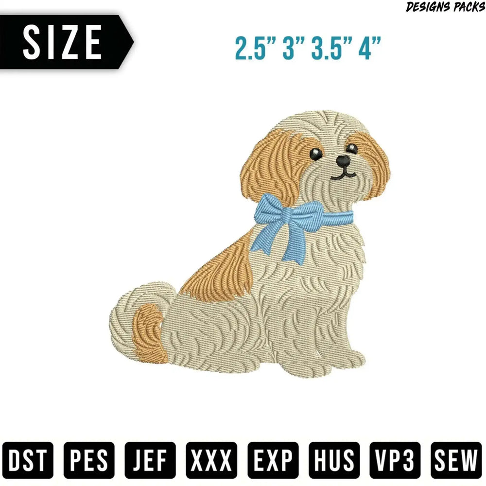 Shih Tzu embroidery design with size options and file formats.