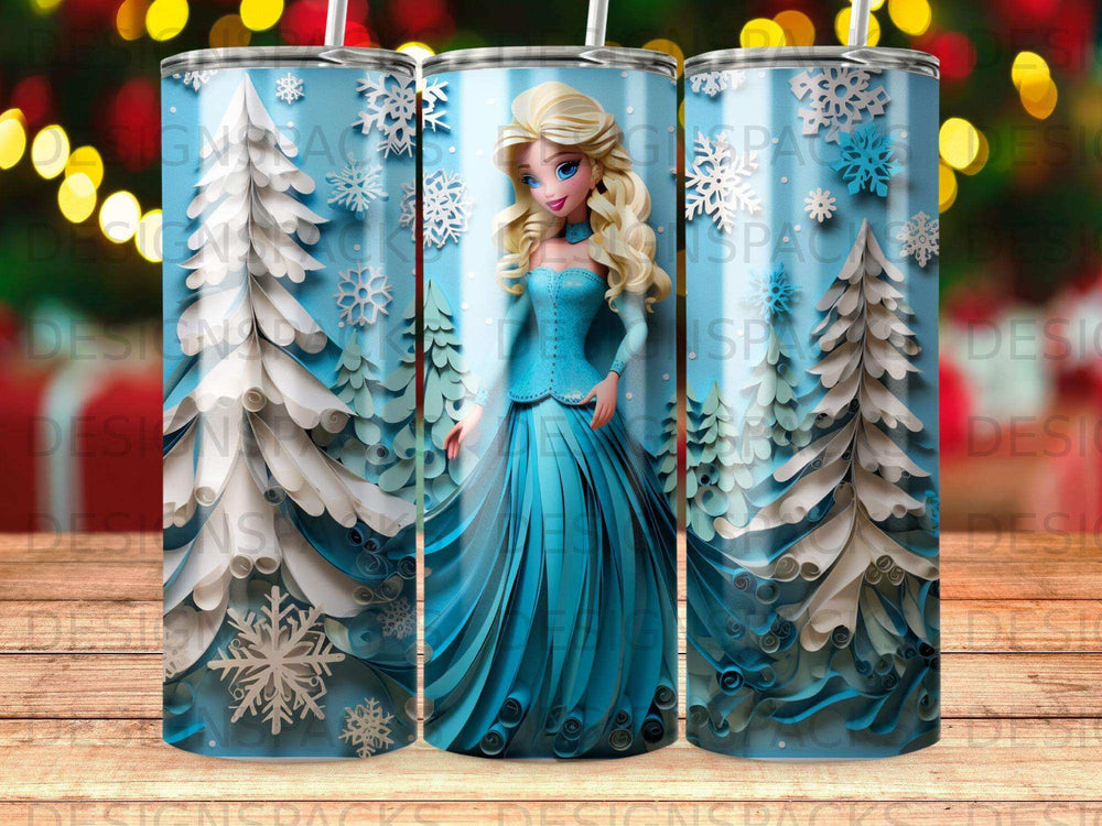 Elsa from Frozen in a blue gown with snowy trees and snowflakes.