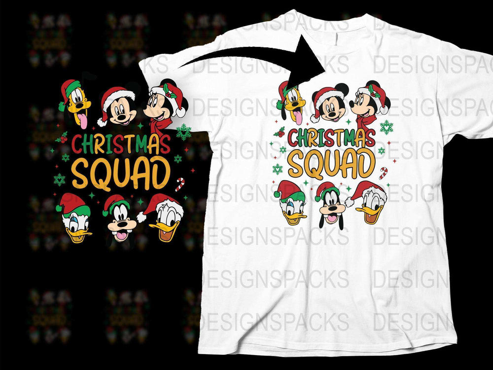 Christmas Squad T-Shirt with Disney Characters, Mickey Mouse Holiday Tee, Festive Family Matching Shirts