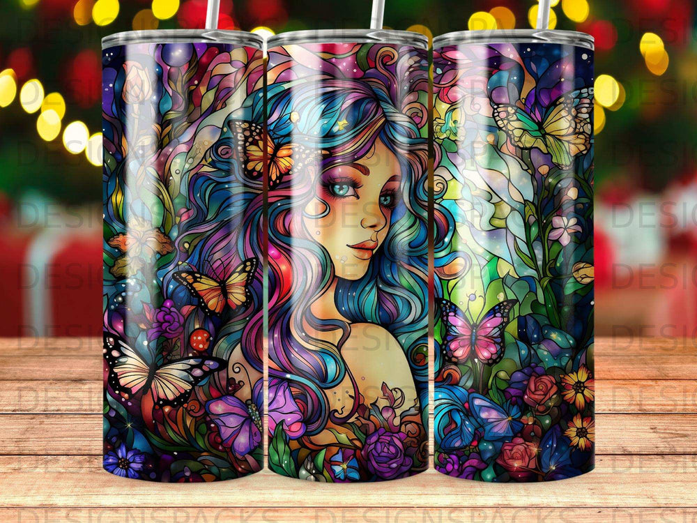 Woman with colorful hair and butterflies on a tumbler.
