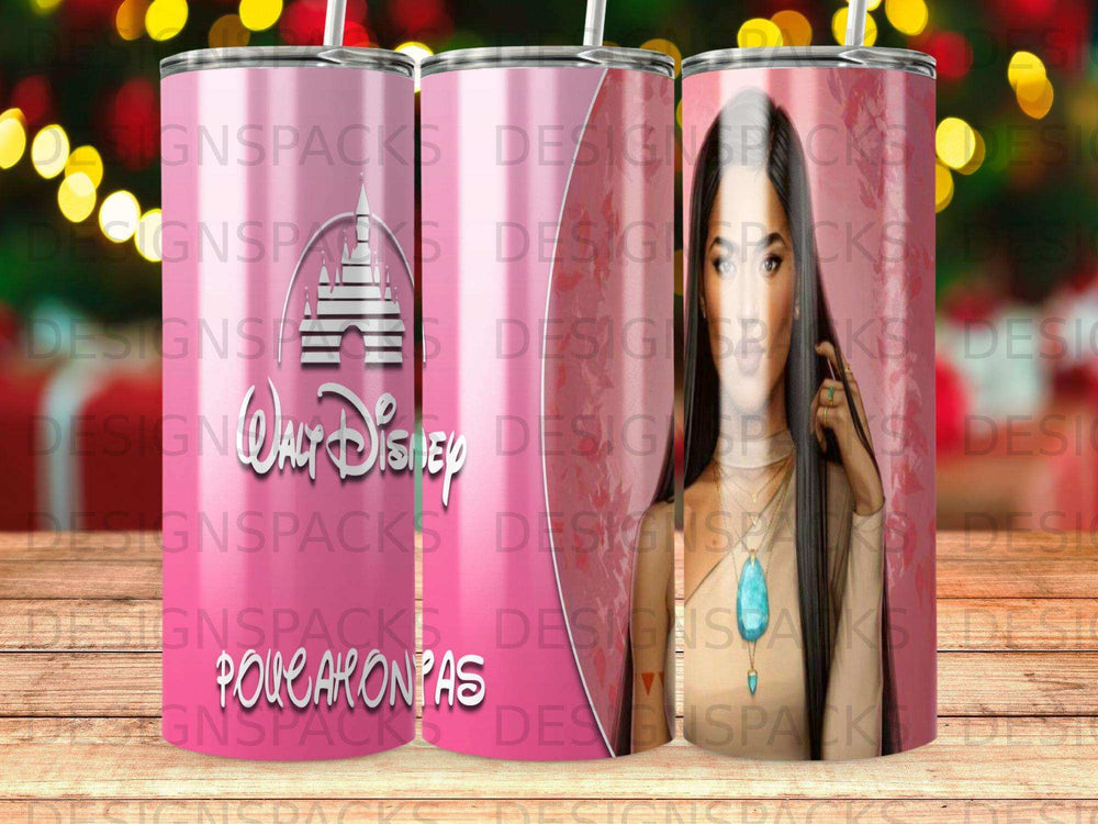 Disney's Pocahontas on a pink tumbler with "Pocahontas" text.