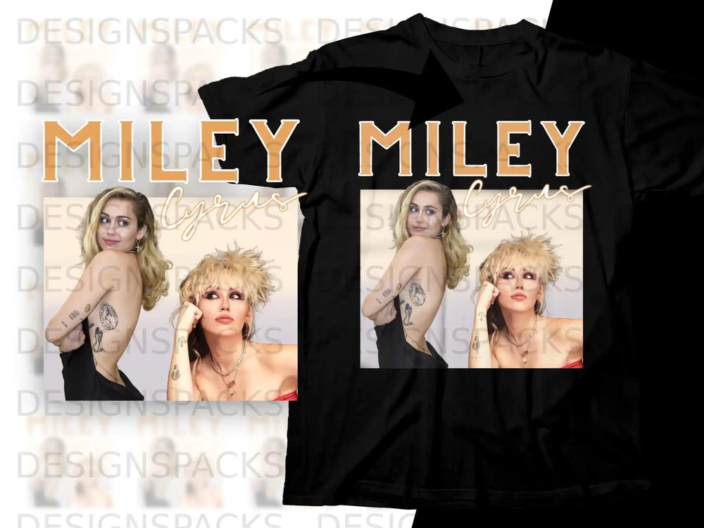 Miley Cyrus t-shirt design featuring her portrait and name.