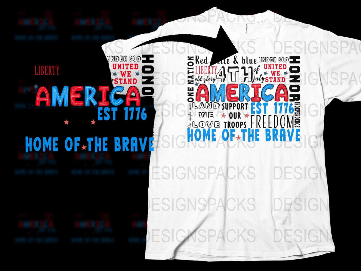 Patriotic T-Shirt USA Liberty 1776 Home of the Brave 4th of July Support Troops Red White Blue