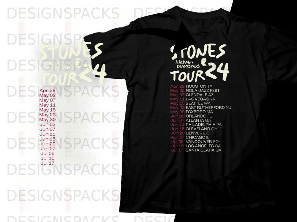 The Rolling Stones Hackney Diamonds Tour 24 t-shirt with dates and locations.