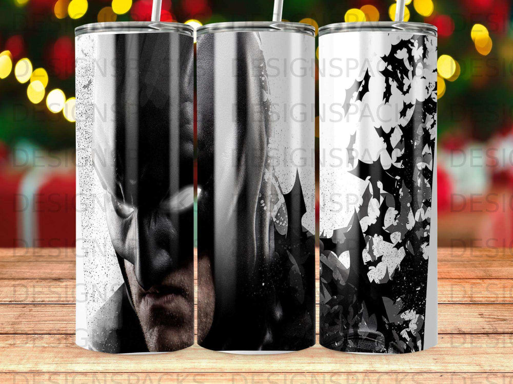 Black and white Batman tumbler with a white lid.