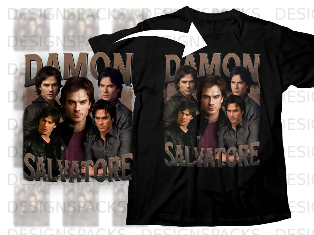 Black t-shirt with Damon Salvatore collage from The Vampire Diaries.