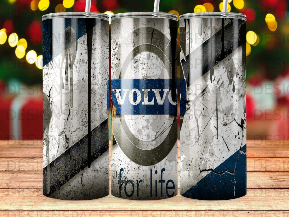 Volvo for life logo on a distressed blue and white striped tumbler.