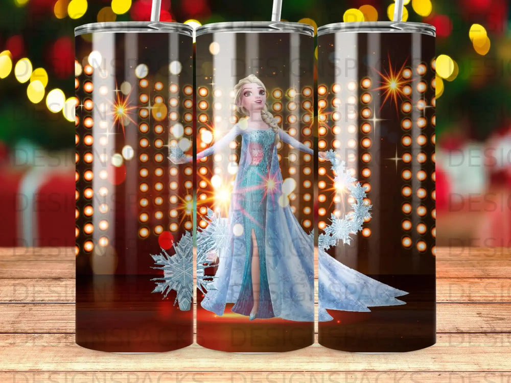Elsa in a sparkling blue dress with snowflakes against a bokeh background.